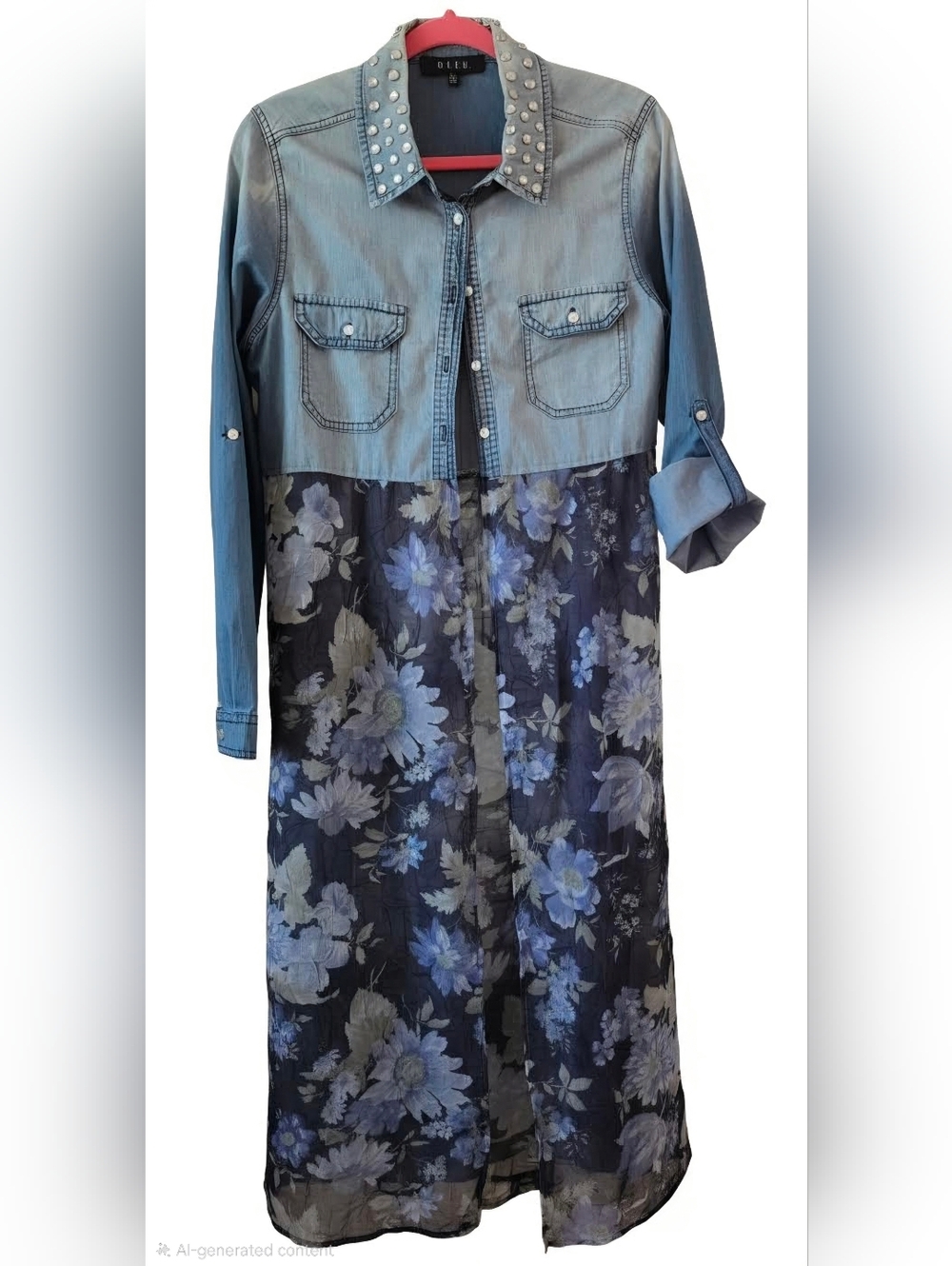 Re-created B.L.E.U. Light Blue Denim & Navy Floral Long Shacket